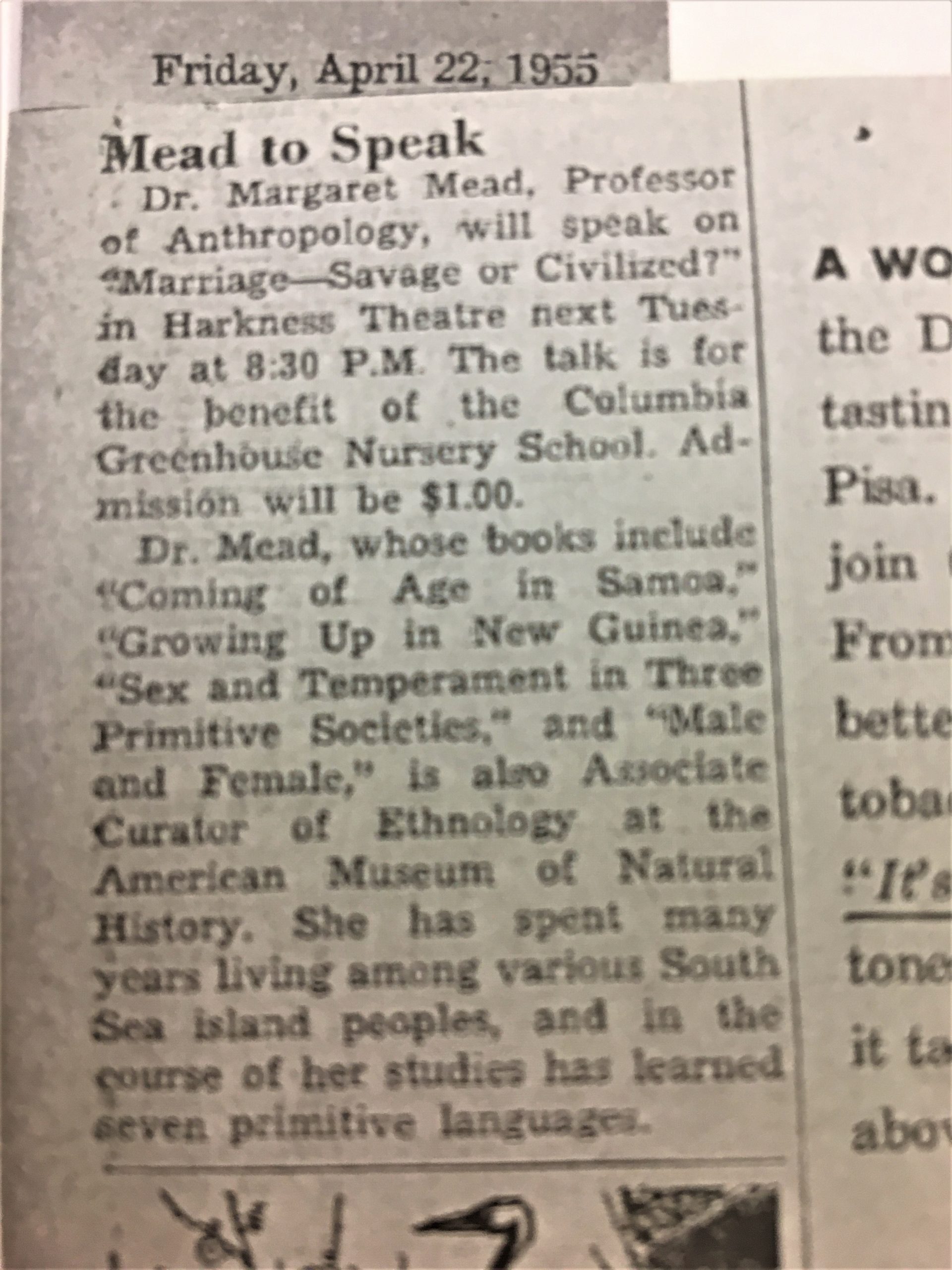 Columbia Greenhouse Nursery School | 1955: Margaret Mead hosted a lecture  to benefit Greenhouse